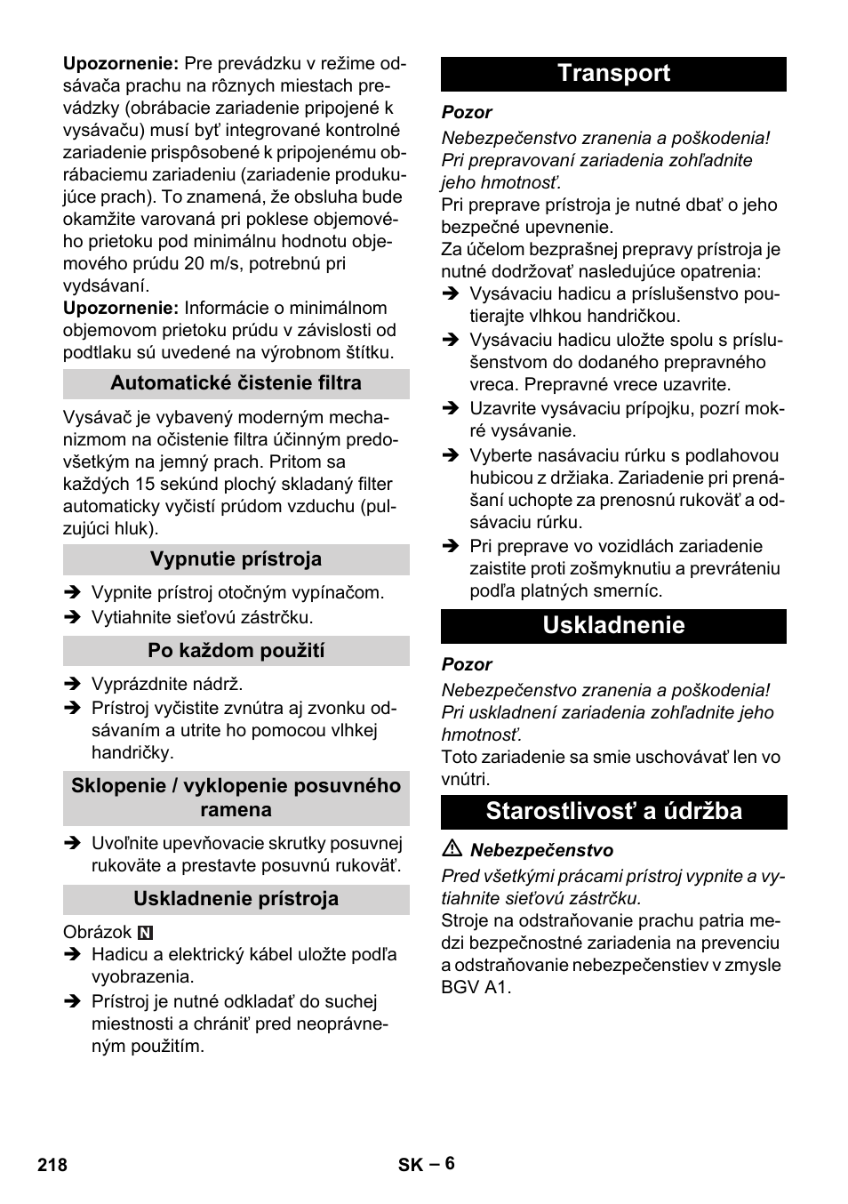 Transport uskladnenie starostlivosť a údržba | Karcher NT 75-1 Tact Me Te H User Manual | Page 218 / 308