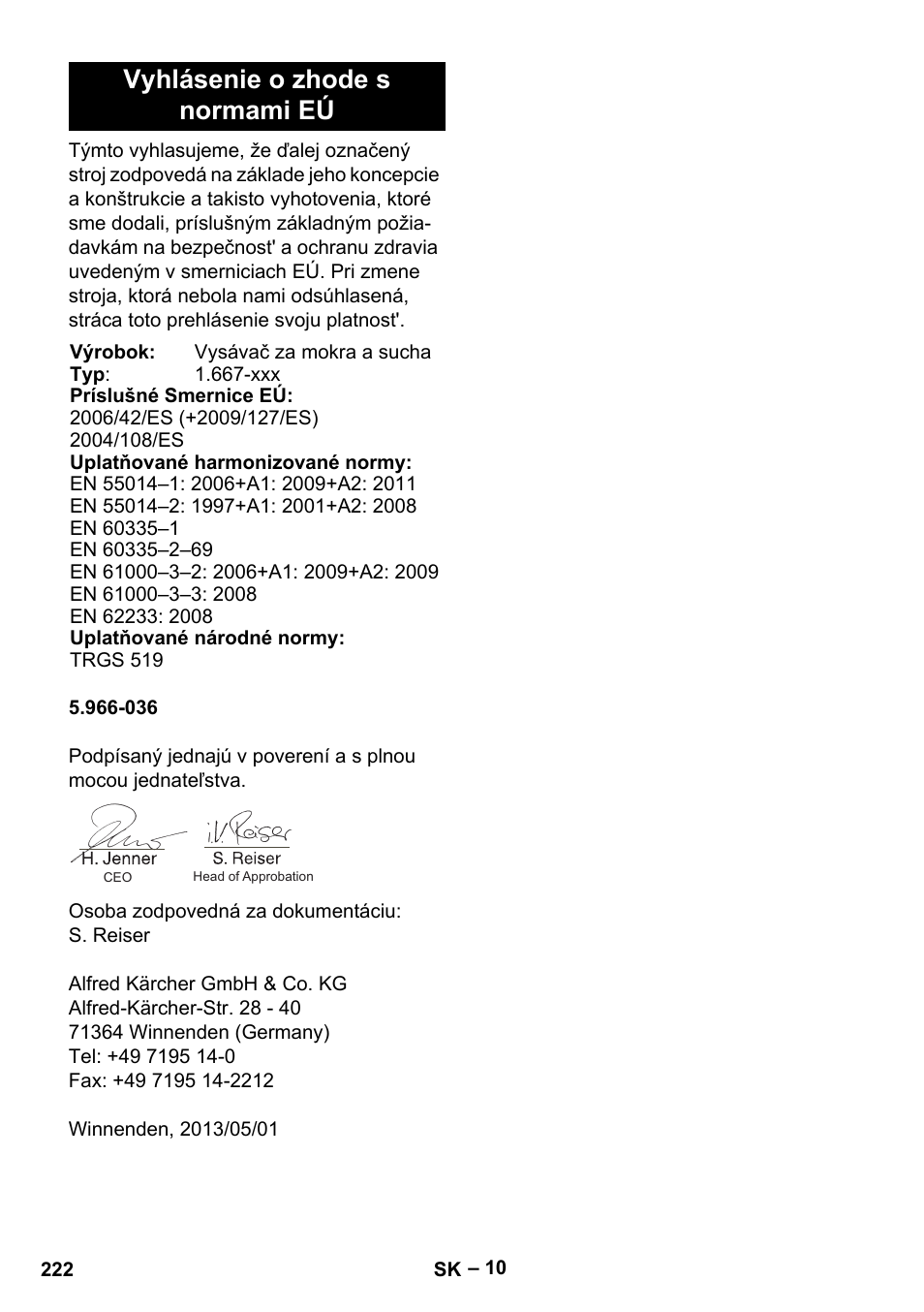 Vyhlásenie o zhode s normami eú | Karcher NT 75-1 Tact Me Te H User Manual | Page 222 / 308