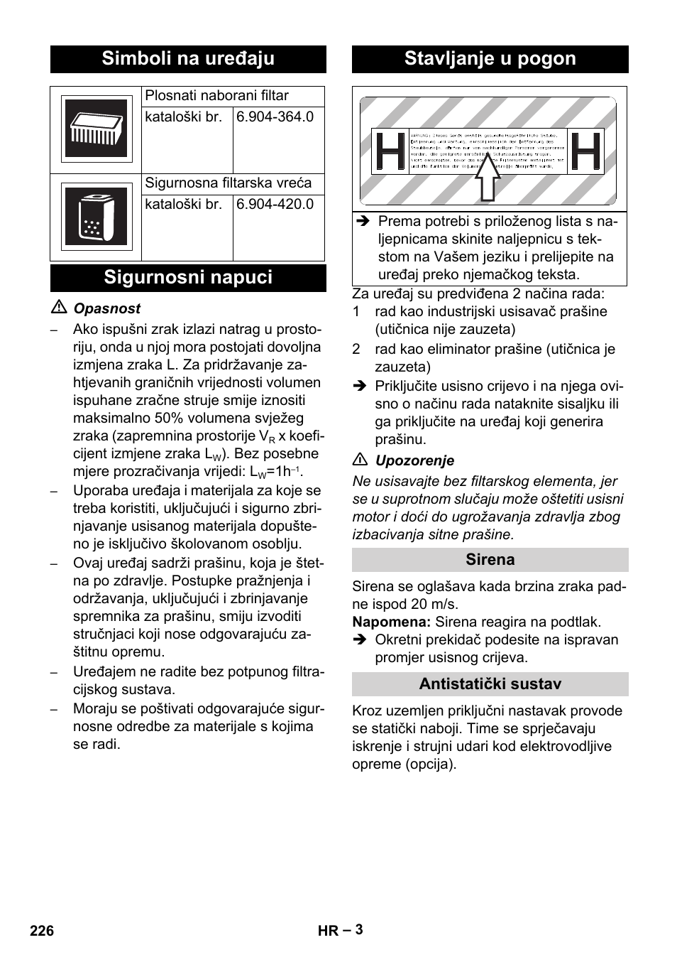 Simboli na uređaju, Sigurnosni napuci stavljanje u pogon | Karcher NT 75-1 Tact Me Te H User Manual | Page 226 / 308