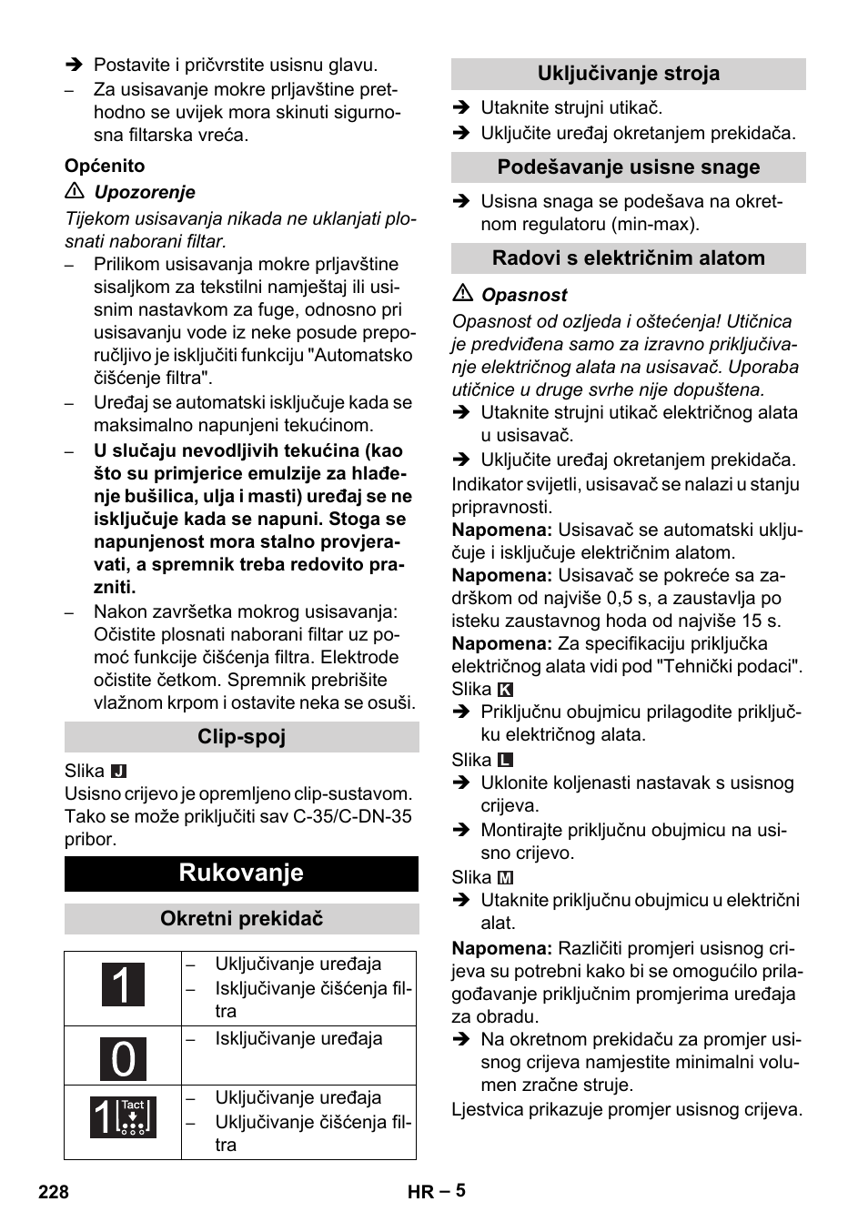 Rukovanje | Karcher NT 75-1 Tact Me Te H User Manual | Page 228 / 308