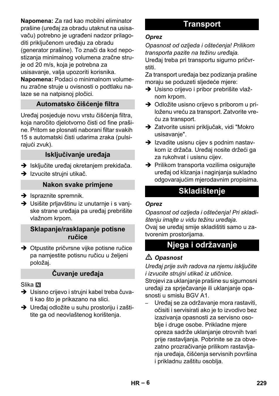 Transport skladištenje njega i održavanje | Karcher NT 75-1 Tact Me Te H User Manual | Page 229 / 308