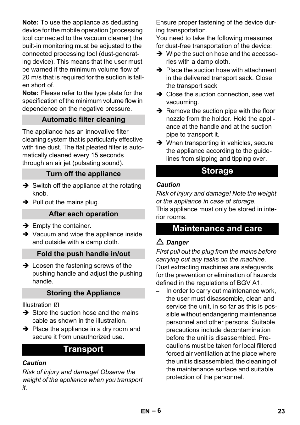 Transport storage maintenance and care | Karcher NT 75-1 Tact Me Te H User Manual | Page 23 / 308