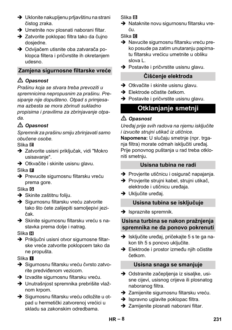 Otklanjanje smetnji | Karcher NT 75-1 Tact Me Te H User Manual | Page 231 / 308