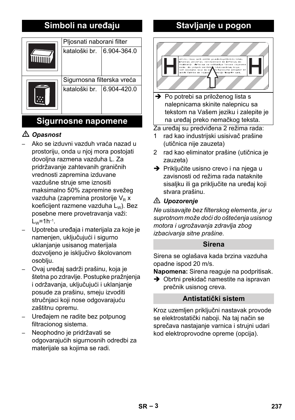 Simboli na uređaju, Sigurnosne napomene stavljanje u pogon | Karcher NT 75-1 Tact Me Te H User Manual | Page 237 / 308