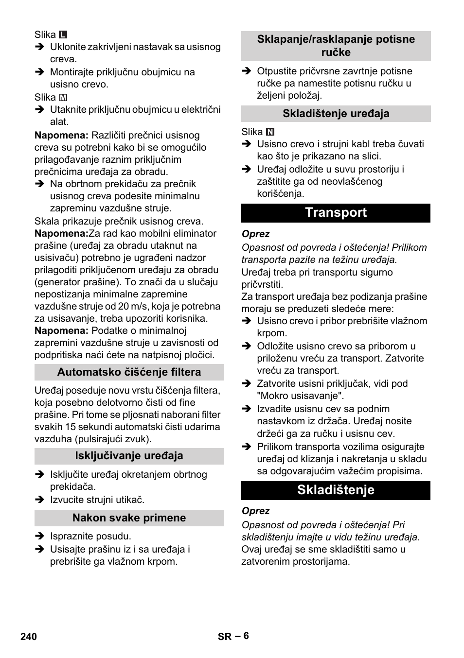 Transport skladištenje | Karcher NT 75-1 Tact Me Te H User Manual | Page 240 / 308