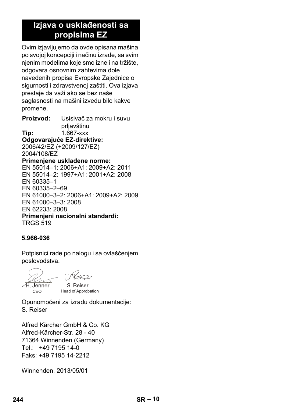 Izjava o usklađenosti sa propisima ez | Karcher NT 75-1 Tact Me Te H User Manual | Page 244 / 308