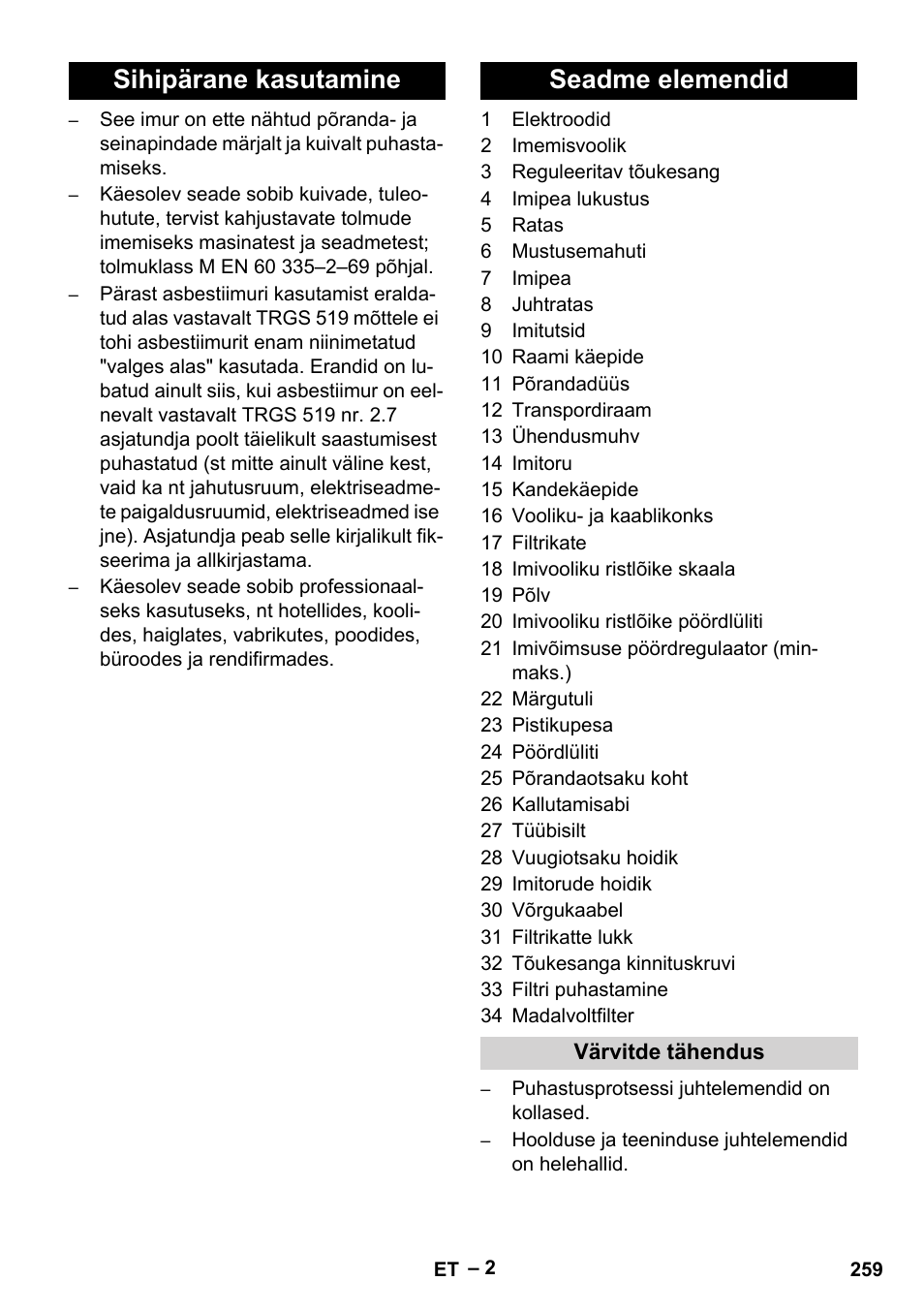 Sihipärane kasutamine seadme elemendid | Karcher NT 75-1 Tact Me Te H User Manual | Page 259 / 308