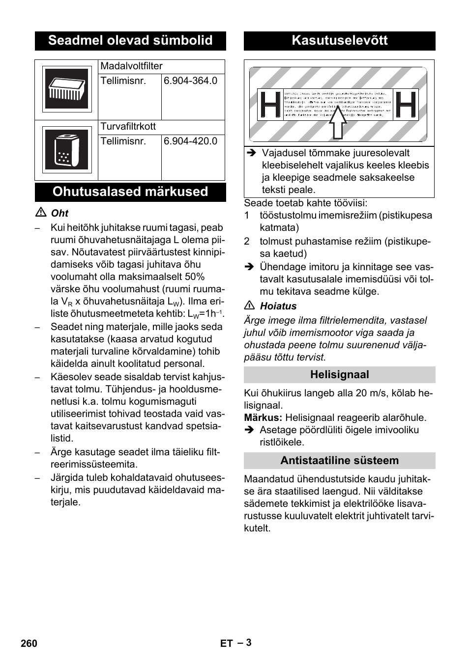 Seadmel olevad sümbolid, Ohutusalased märkused kasutuselevõtt | Karcher NT 75-1 Tact Me Te H User Manual | Page 260 / 308