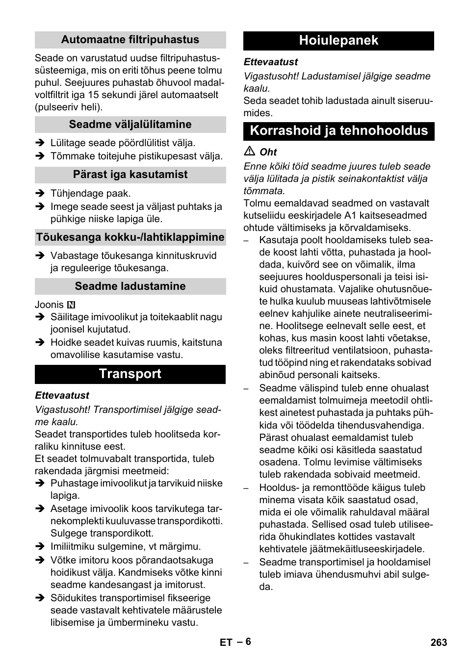 Transport hoiulepanek korrashoid ja tehnohooldus | Karcher NT 75-1 Tact Me Te H User Manual | Page 263 / 308