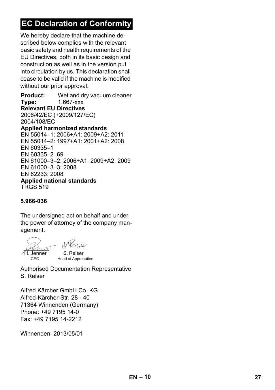 Ec declaration of conformity | Karcher NT 75-1 Tact Me Te H User Manual | Page 27 / 308