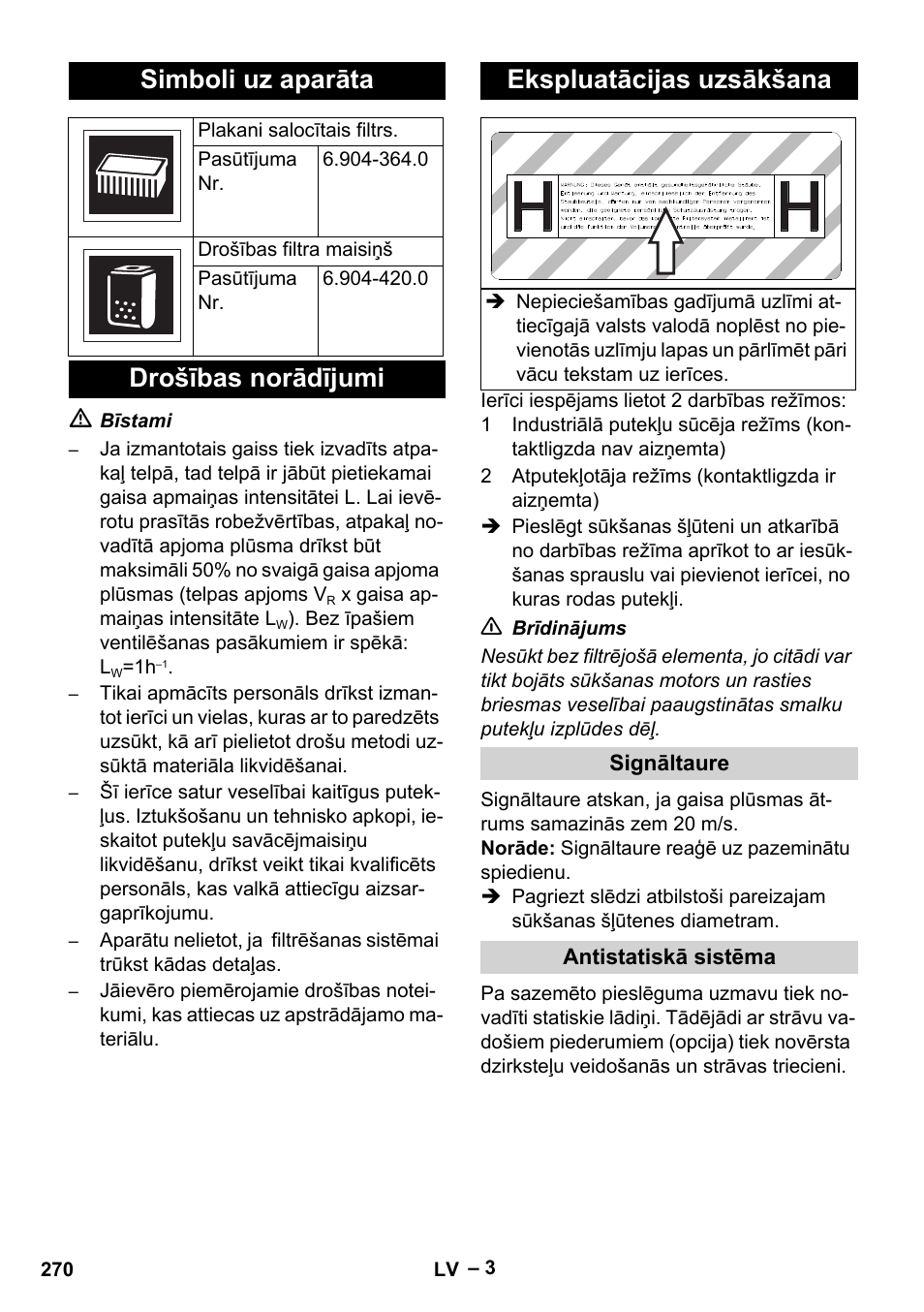 Simboli uz aparāta, Drošības norādījumi ekspluatācijas uzsākšana | Karcher NT 75-1 Tact Me Te H User Manual | Page 270 / 308