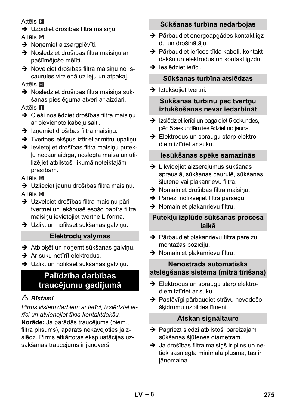 Palīdzība darbības traucējumu gadījumā | Karcher NT 75-1 Tact Me Te H User Manual | Page 275 / 308