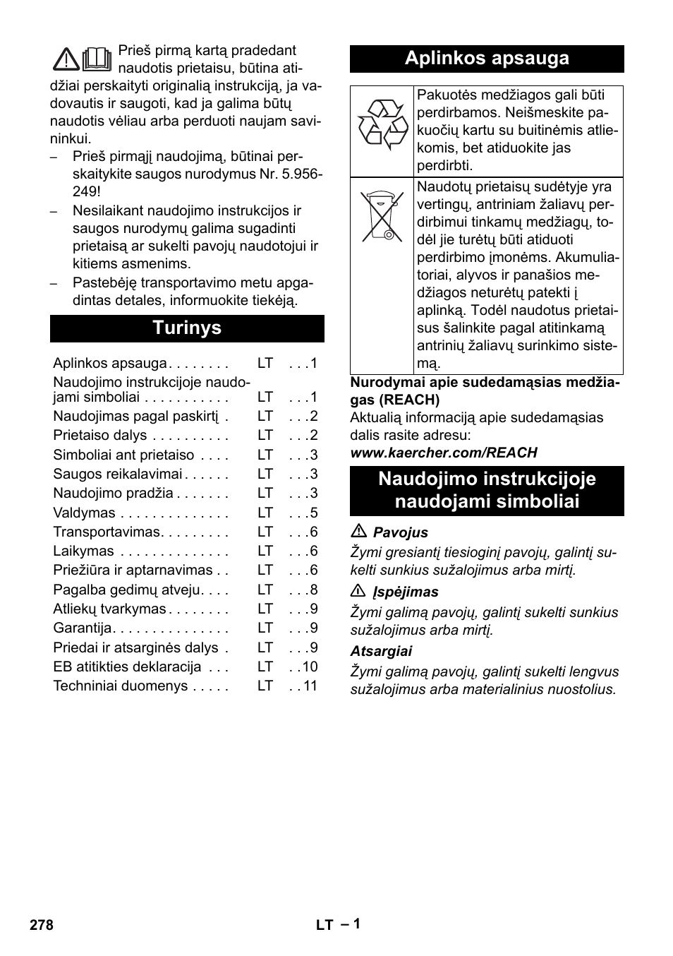 Lietuviškai, Turinys, Aplinkos apsauga | Naudojimo instrukcijoje naudojami simboliai | Karcher NT 75-1 Tact Me Te H User Manual | Page 278 / 308