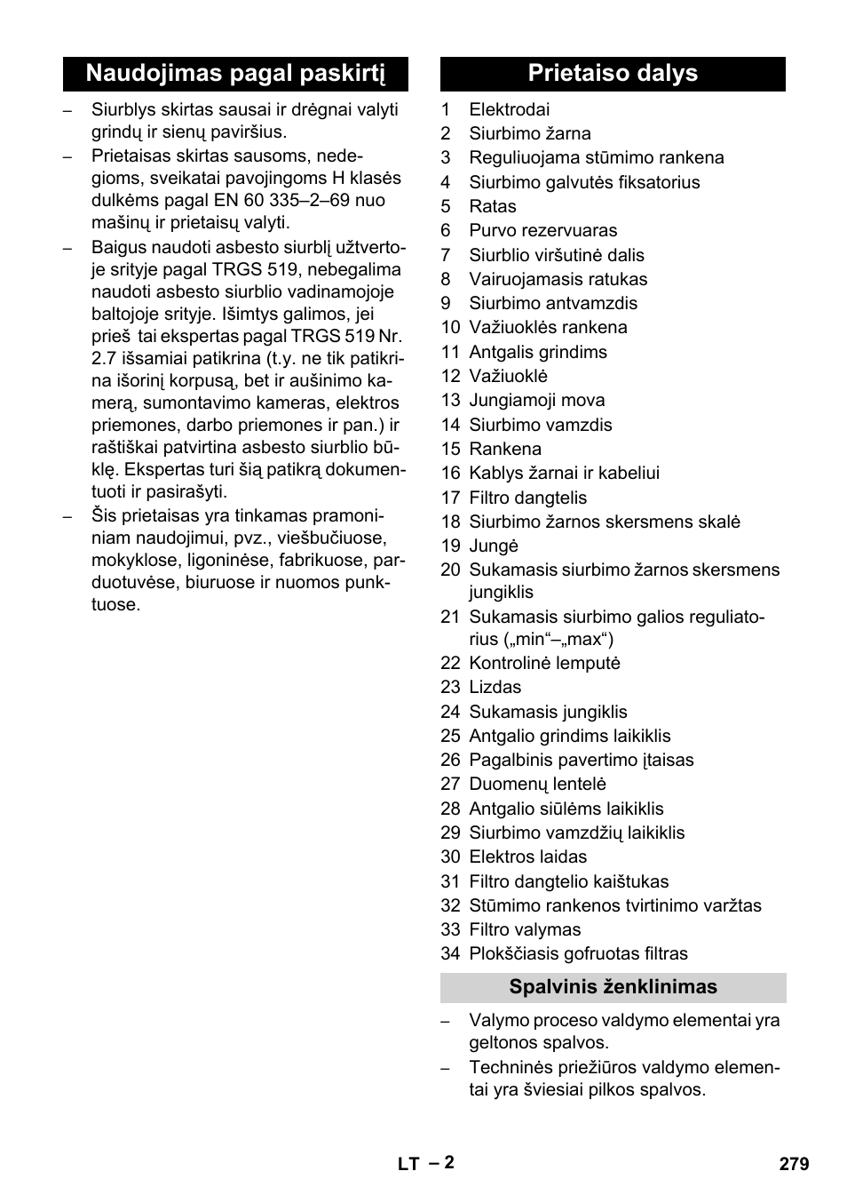 Naudojimas pagal paskirtį prietaiso dalys | Karcher NT 75-1 Tact Me Te H User Manual | Page 279 / 308