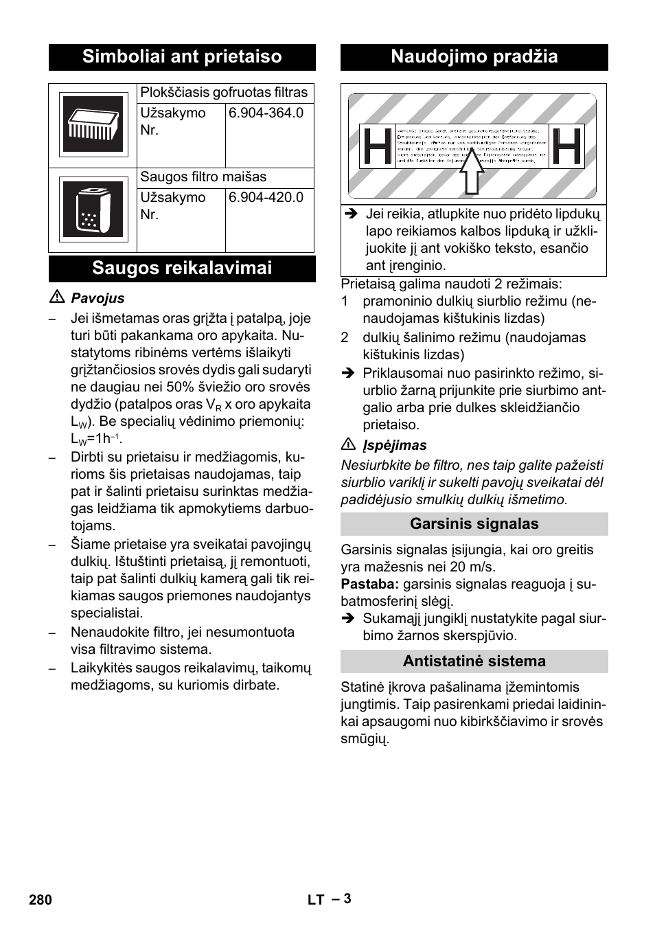 Simboliai ant prietaiso, Saugos reikalavimai naudojimo pradžia | Karcher NT 75-1 Tact Me Te H User Manual | Page 280 / 308