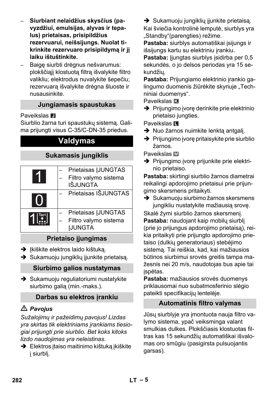 Valdymas | Karcher NT 75-1 Tact Me Te H User Manual | Page 282 / 308