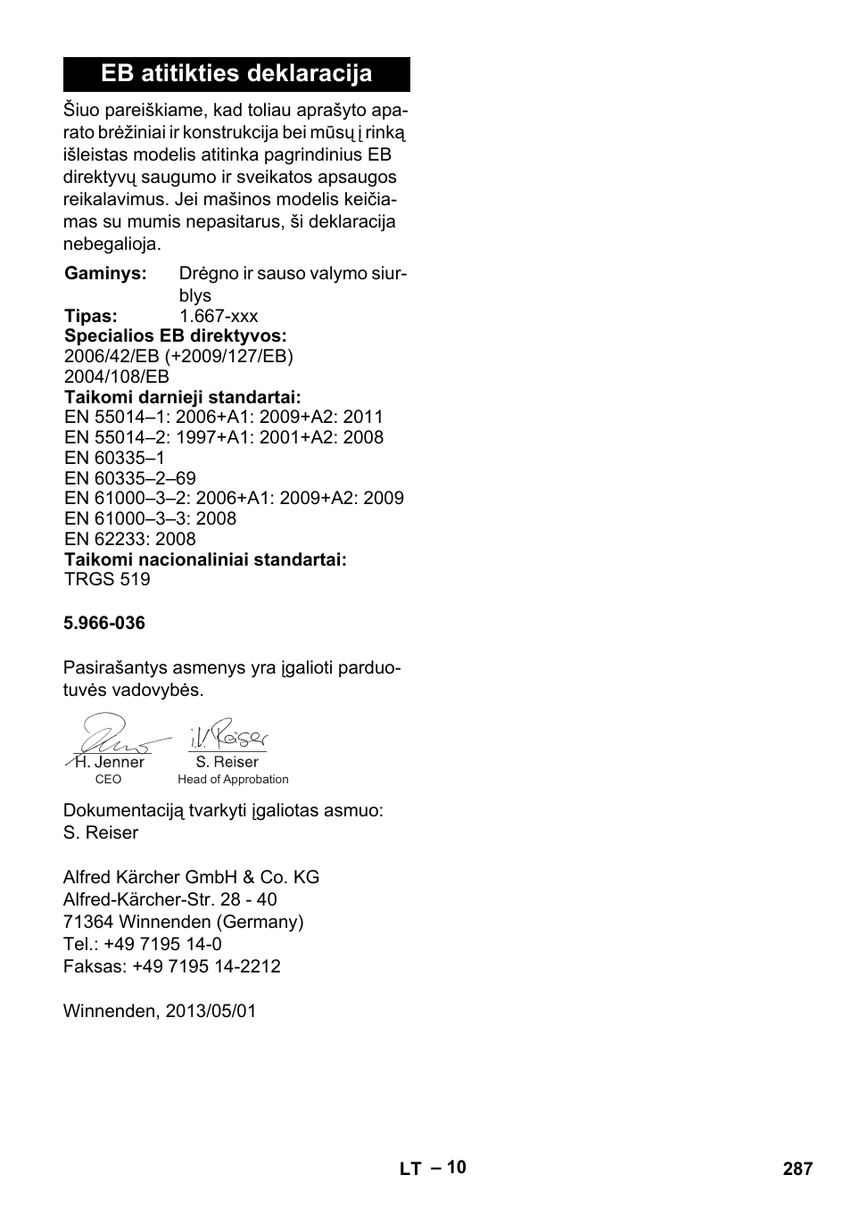 Eb atitikties deklaracija | Karcher NT 75-1 Tact Me Te H User Manual | Page 287 / 308