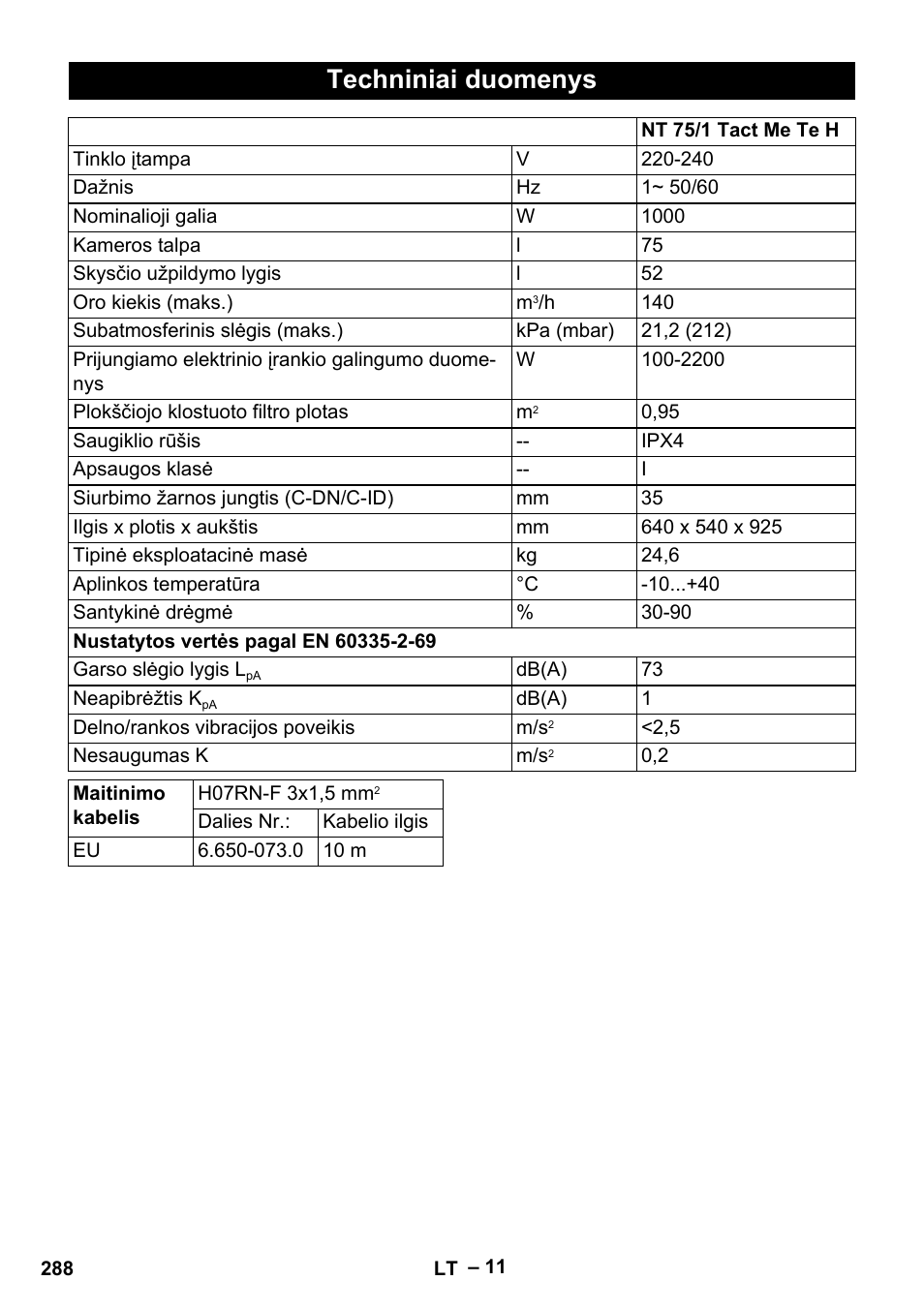 Techniniai duomenys | Karcher NT 75-1 Tact Me Te H User Manual | Page 288 / 308