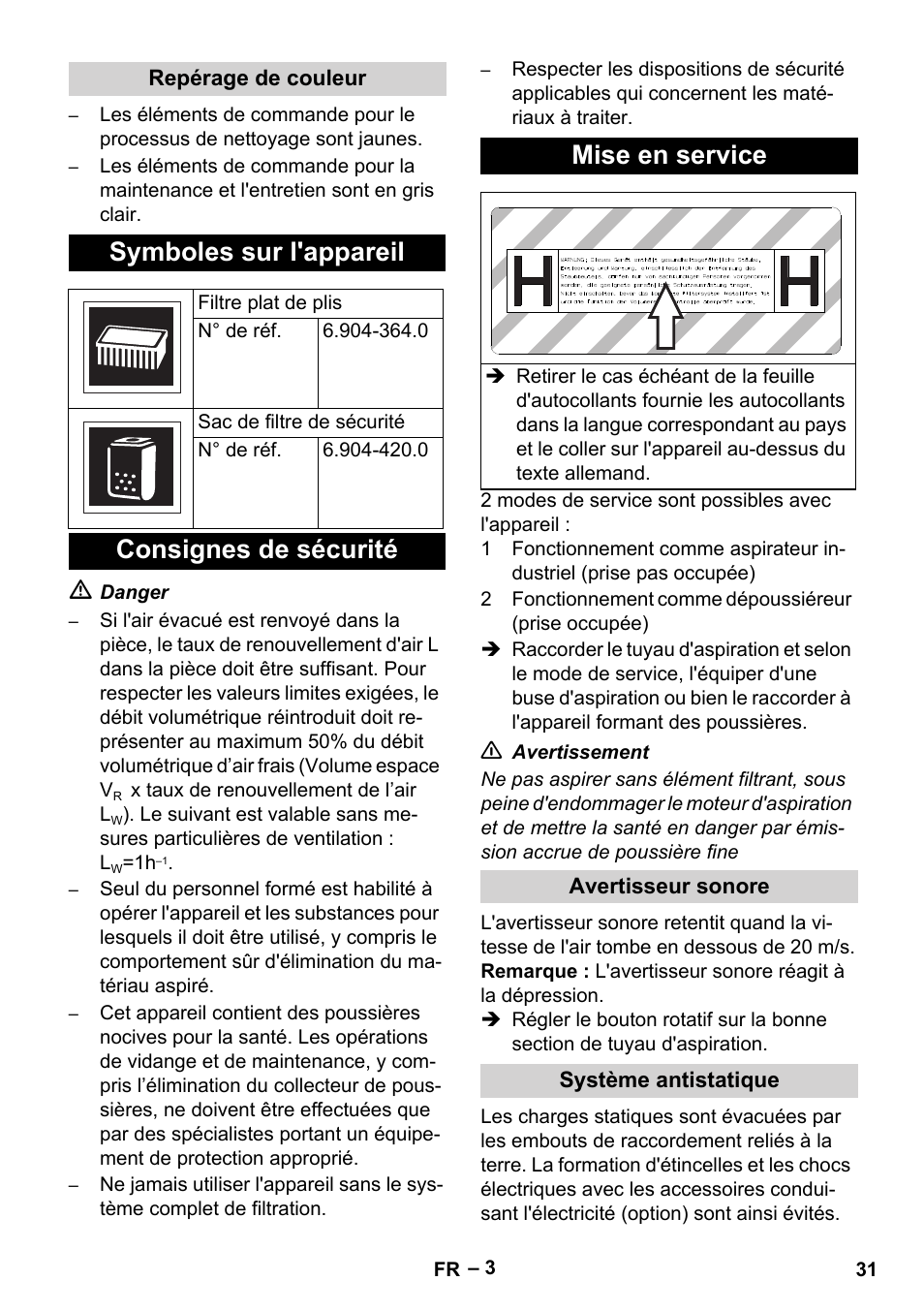 Symboles sur l'appareil, Consignes de sécurité mise en service | Karcher NT 75-1 Tact Me Te H User Manual | Page 31 / 308