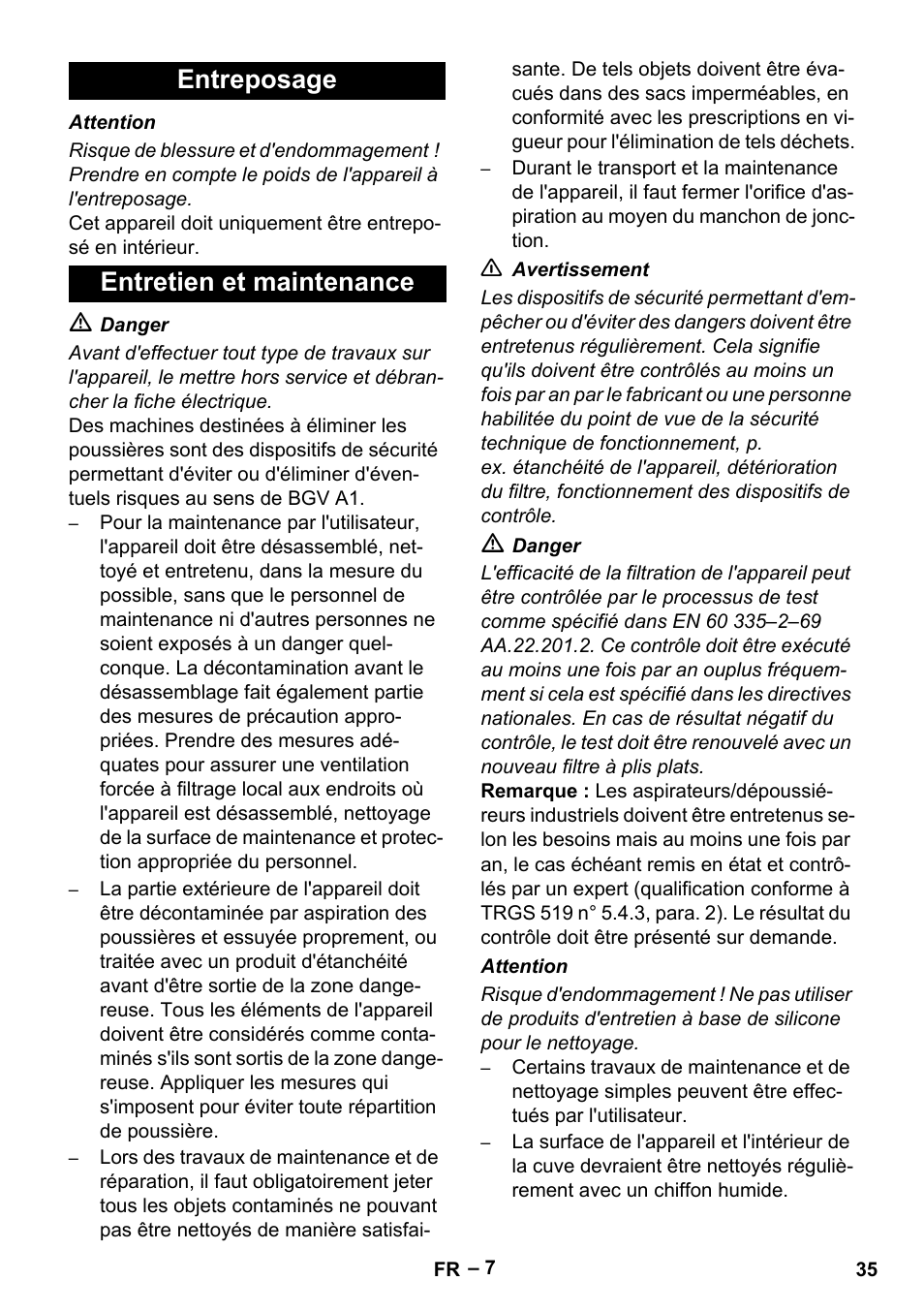 Entreposage entretien et maintenance | Karcher NT 75-1 Tact Me Te H User Manual | Page 35 / 308