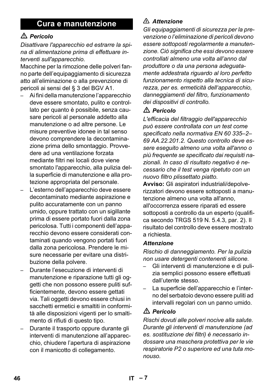 Cura e manutenzione | Karcher NT 75-1 Tact Me Te H User Manual | Page 46 / 308