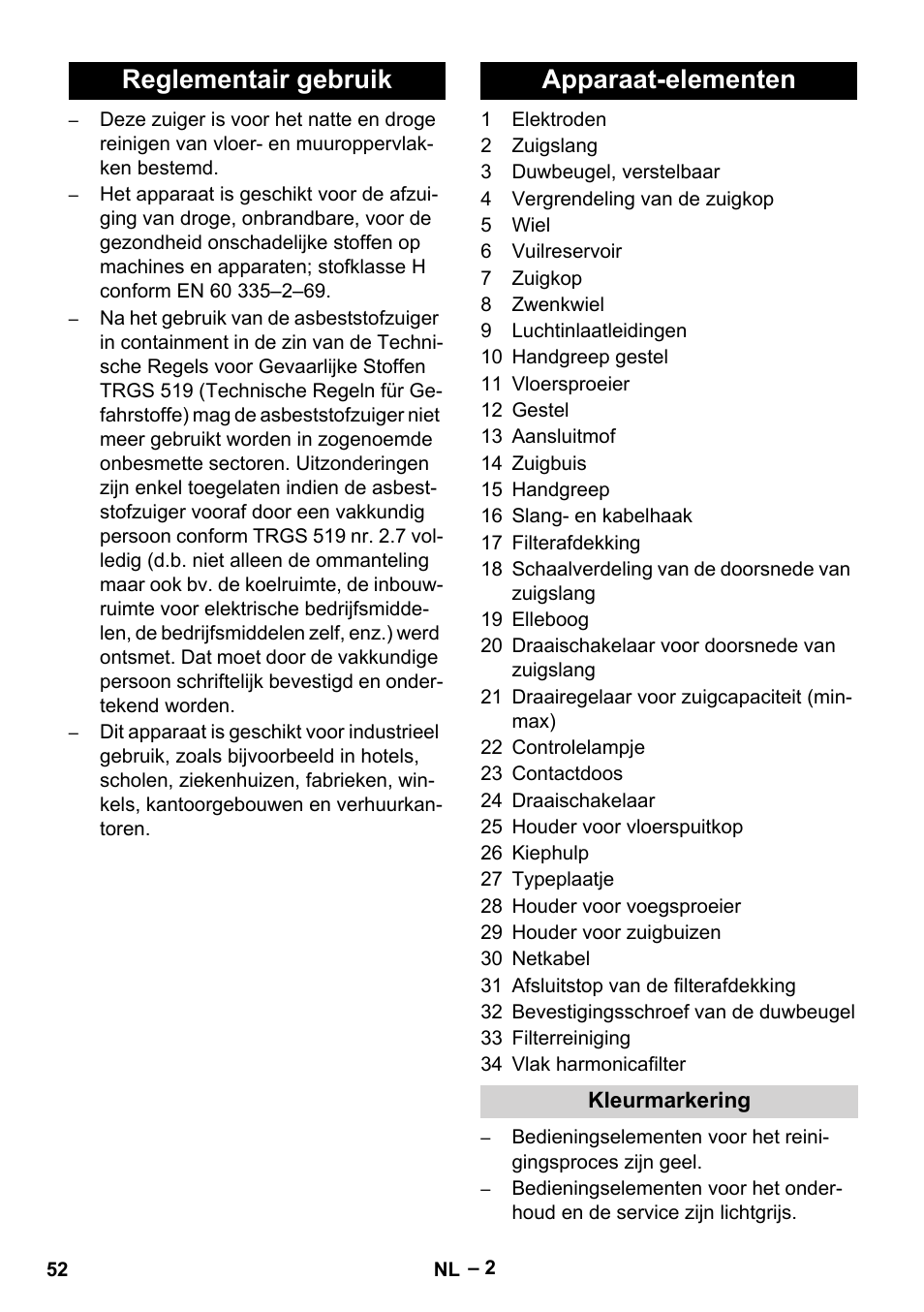 Reglementair gebruik apparaat-elementen | Karcher NT 75-1 Tact Me Te H User Manual | Page 52 / 308