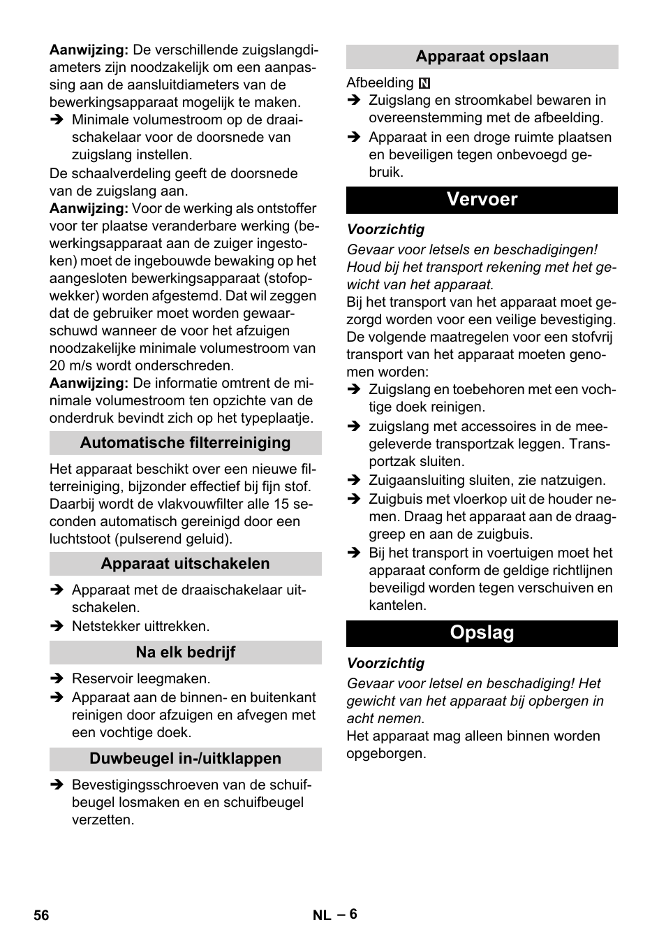 Vervoer opslag | Karcher NT 75-1 Tact Me Te H User Manual | Page 56 / 308