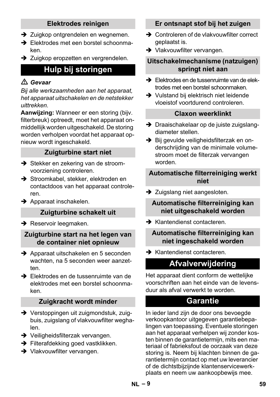 Hulp bij storingen, Afvalverwijdering garantie | Karcher NT 75-1 Tact Me Te H User Manual | Page 59 / 308