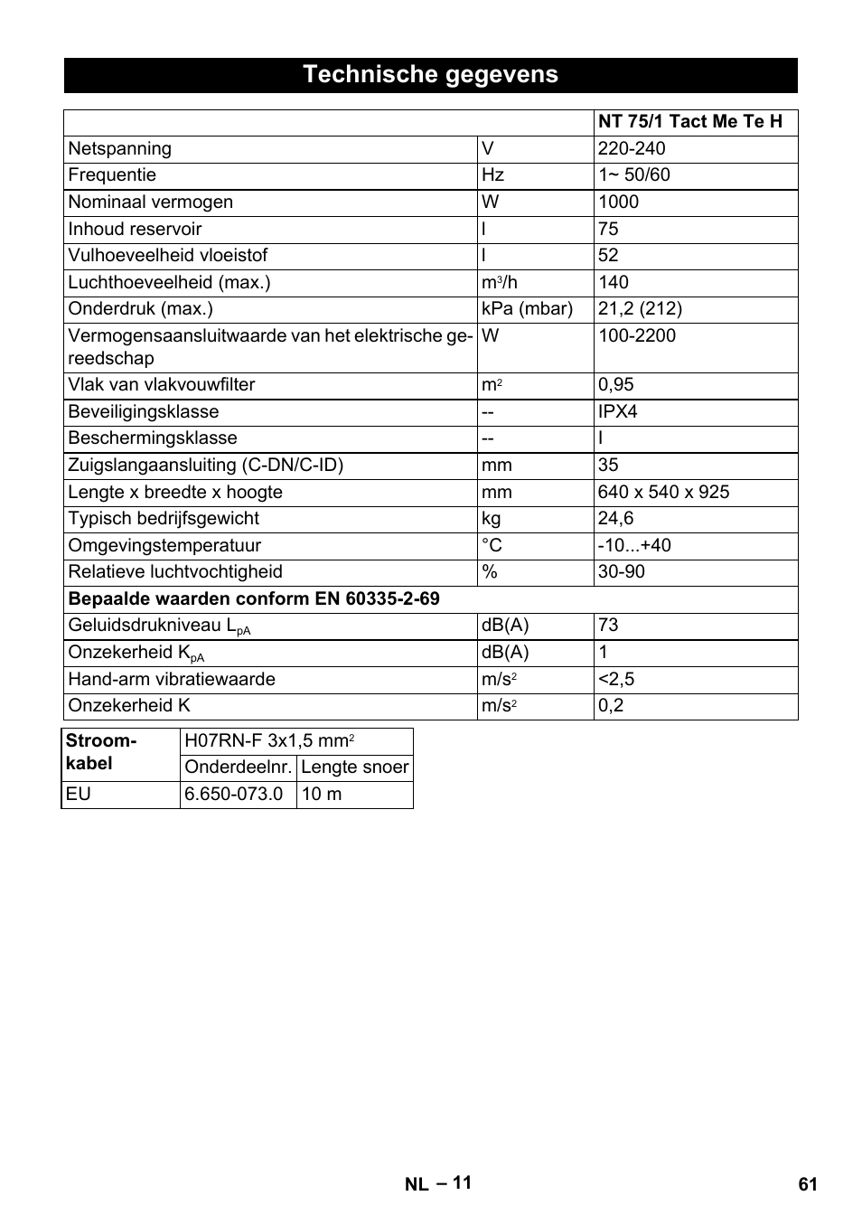 Technische gegevens | Karcher NT 75-1 Tact Me Te H User Manual | Page 61 / 308