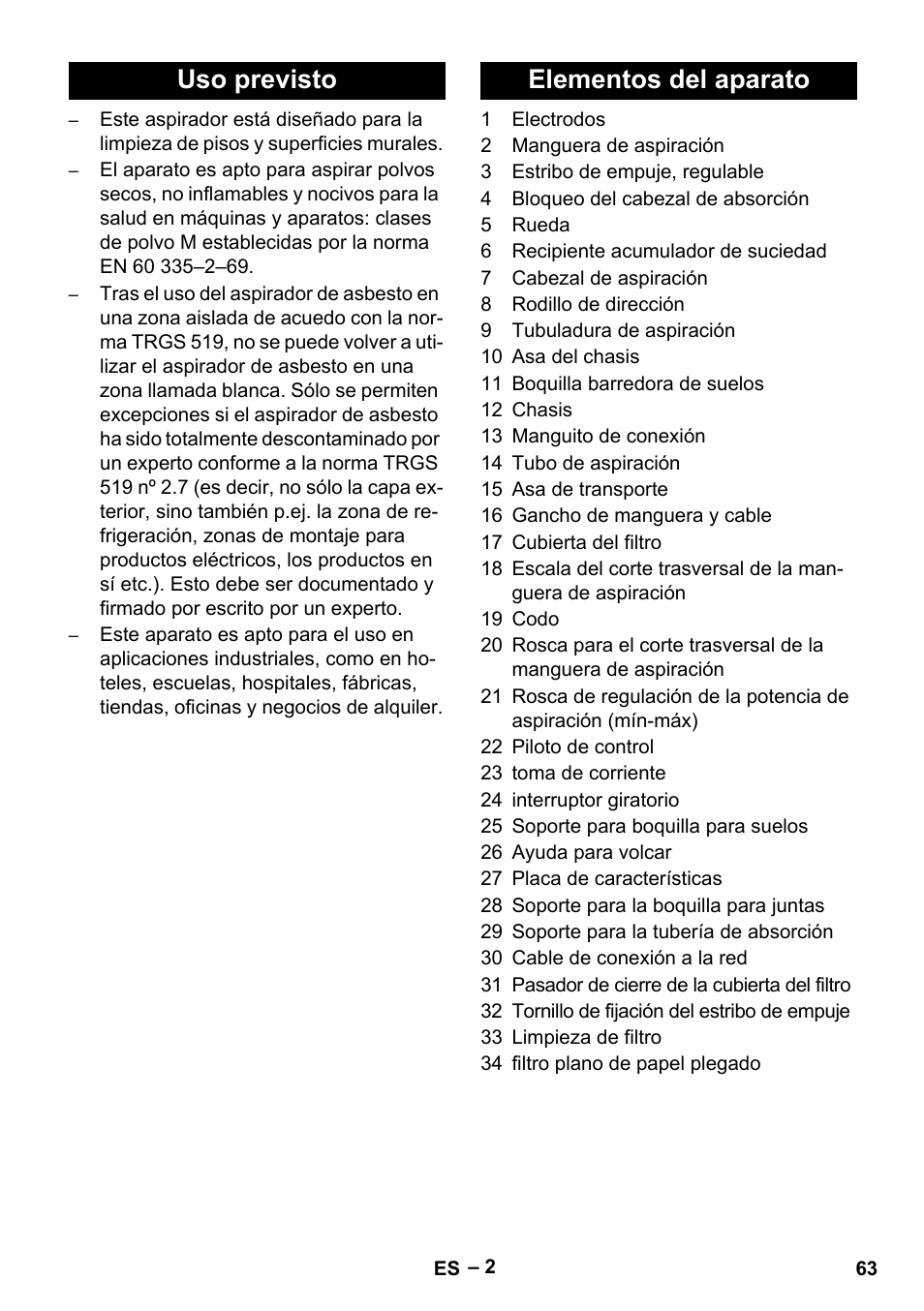Uso previsto elementos del aparato | Karcher NT 75-1 Tact Me Te H User Manual | Page 63 / 308