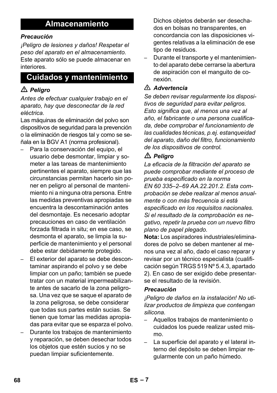 Almacenamiento cuidados y mantenimiento | Karcher NT 75-1 Tact Me Te H User Manual | Page 68 / 308