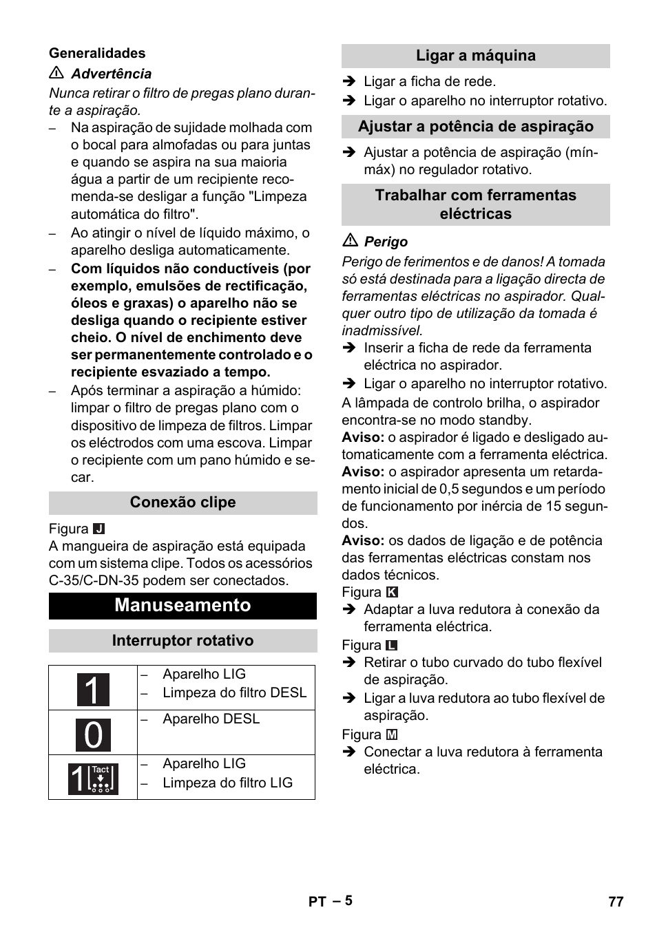 Manuseamento | Karcher NT 75-1 Tact Me Te H User Manual | Page 77 / 308