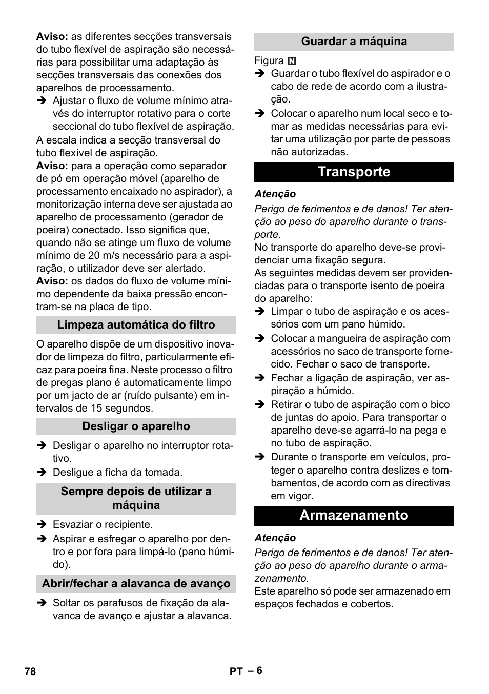 Transporte armazenamento | Karcher NT 75-1 Tact Me Te H User Manual | Page 78 / 308