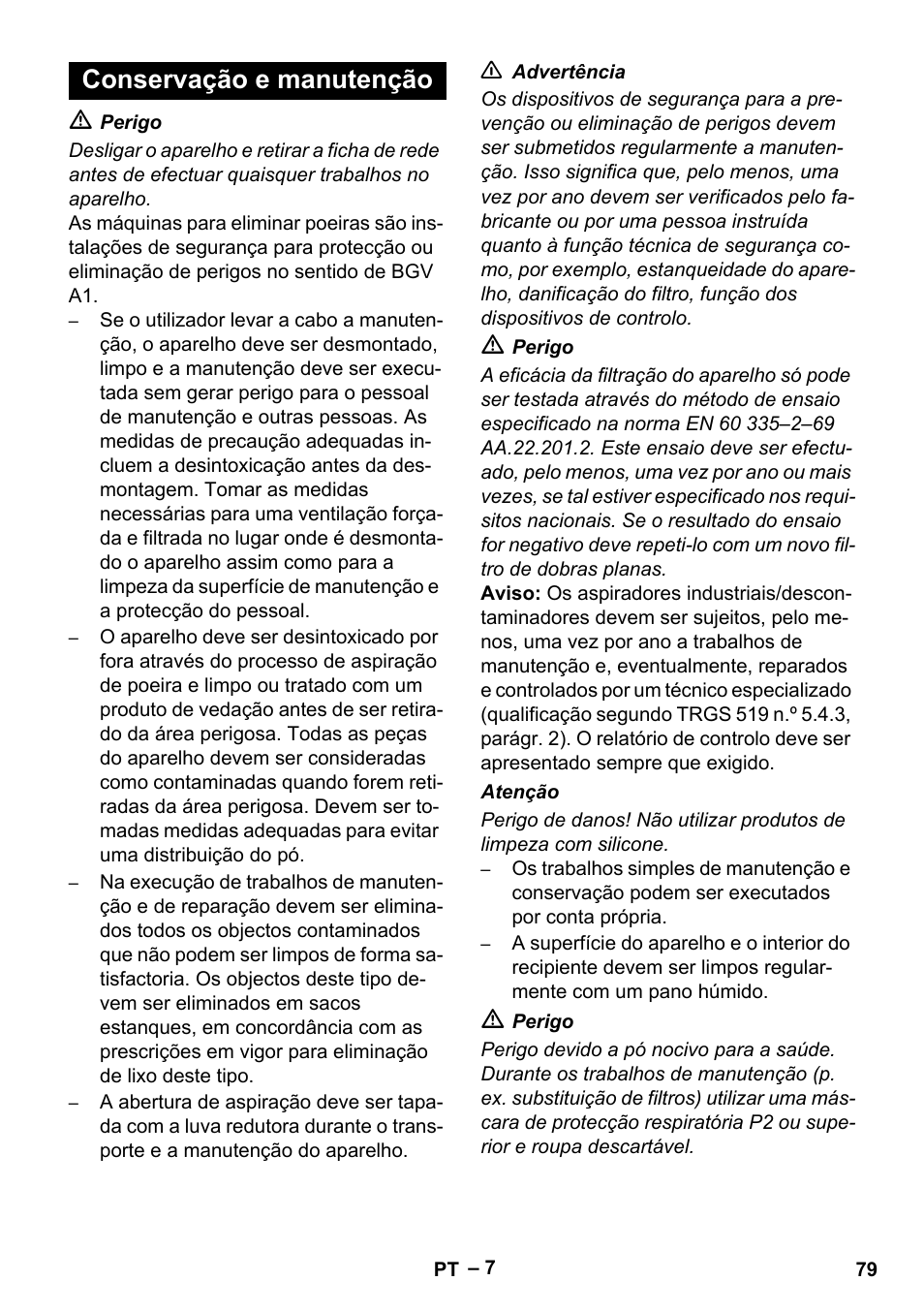 Conservação e manutenção | Karcher NT 75-1 Tact Me Te H User Manual | Page 79 / 308