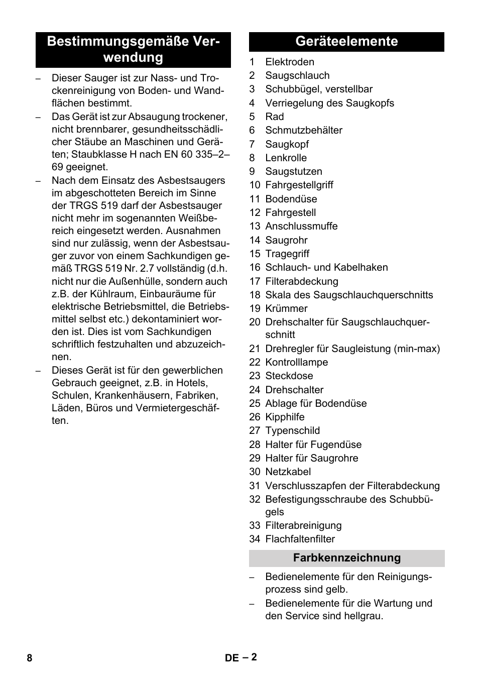 Bestimmungsgemäße ver- wendung geräteelemente | Karcher NT 75-1 Tact Me Te H User Manual | Page 8 / 308