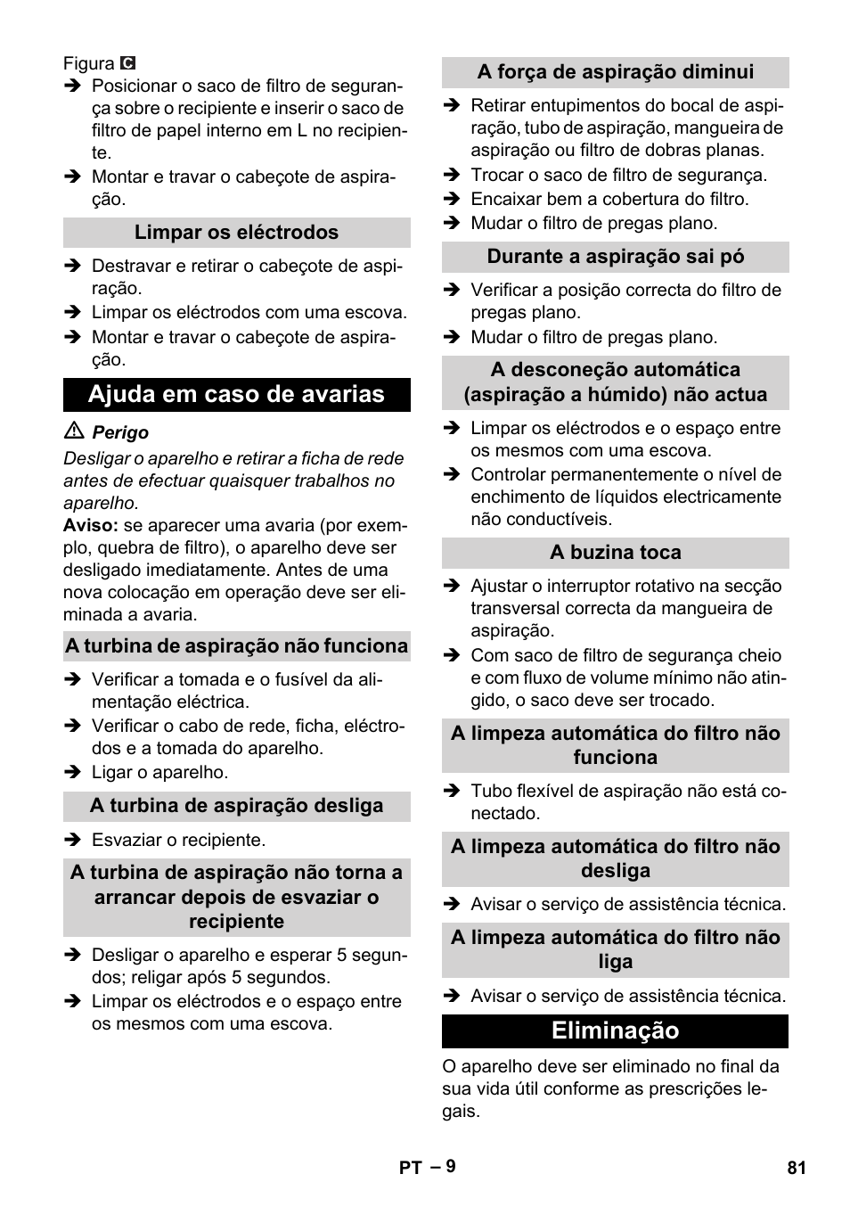 Ajuda em caso de avarias, Eliminação | Karcher NT 75-1 Tact Me Te H User Manual | Page 81 / 308