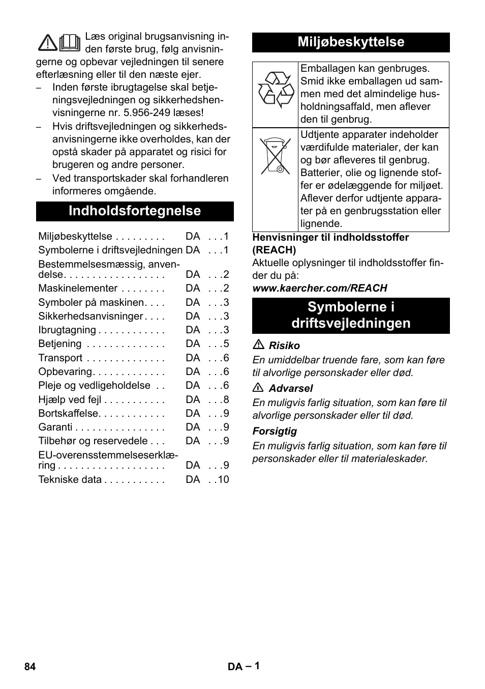 Dansk, Indholdsfortegnelse, Miljøbeskyttelse | Symbolerne i driftsvejledningen | Karcher NT 75-1 Tact Me Te H User Manual | Page 84 / 308