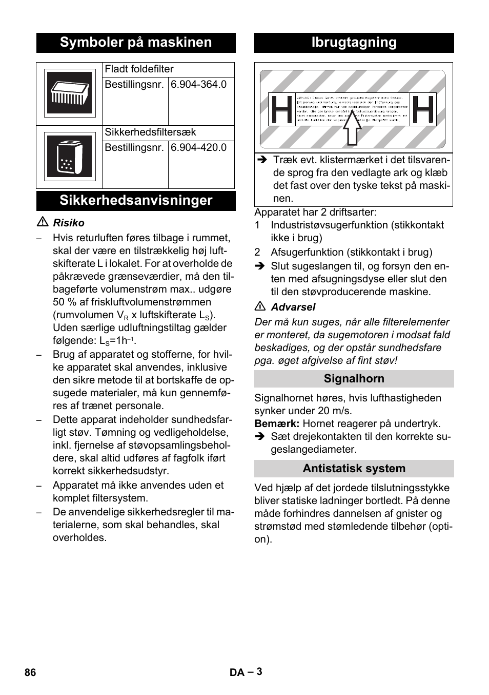 Symboler på maskinen, Sikkerhedsanvisninger ibrugtagning | Karcher NT 75-1 Tact Me Te H User Manual | Page 86 / 308