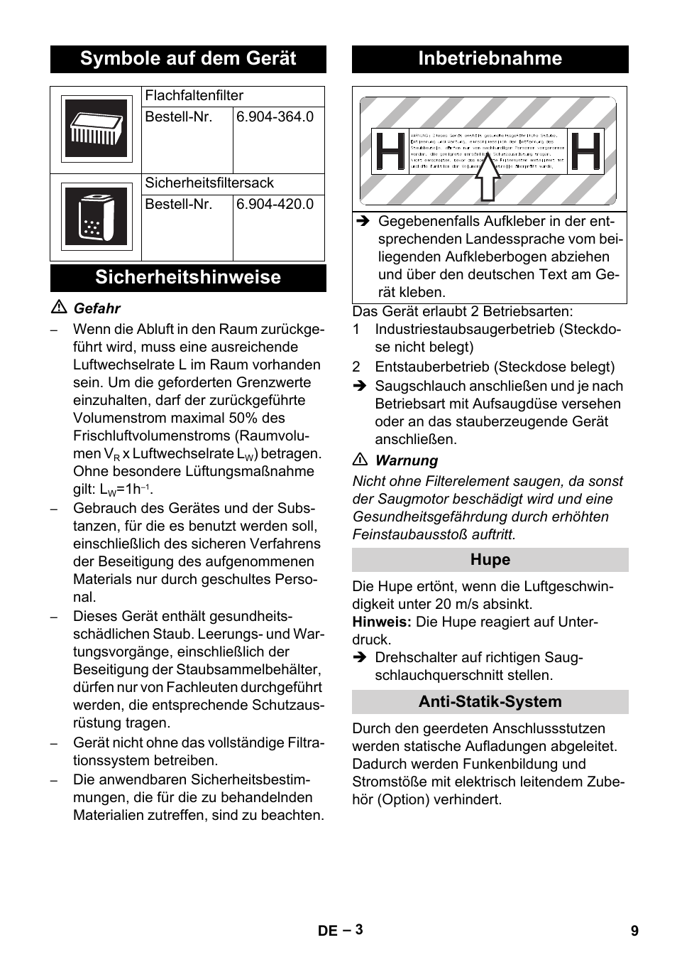 Symbole auf dem gerät, Sicherheitshinweise inbetriebnahme | Karcher NT 75-1 Tact Me Te H User Manual | Page 9 / 308