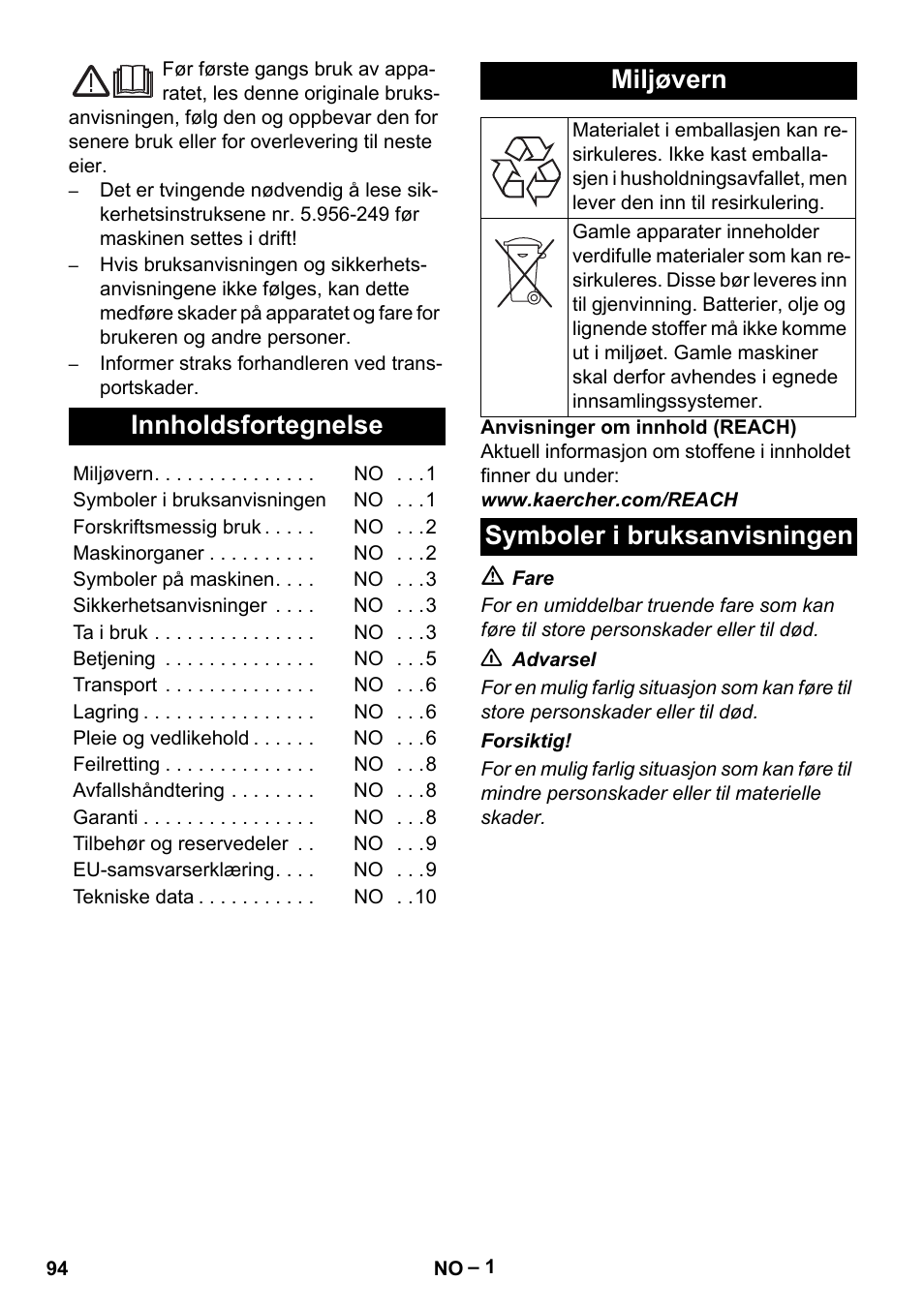 Norsk, Innholdsfortegnelse, Miljøvern | Symboler i bruksanvisningen | Karcher NT 75-1 Tact Me Te H User Manual | Page 94 / 308