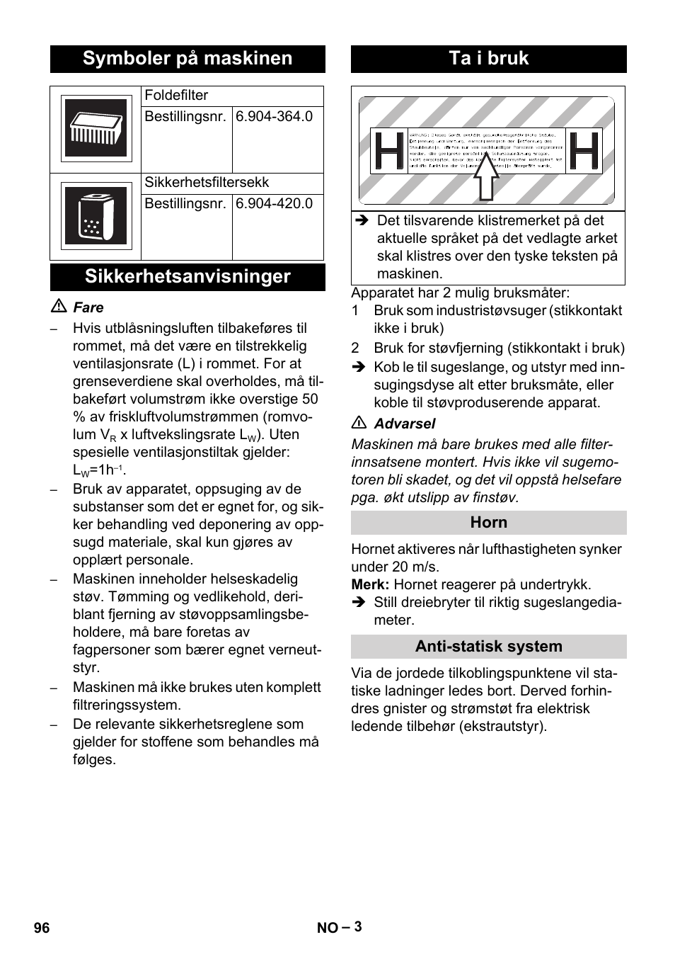 Symboler på maskinen, Sikkerhetsanvisninger ta i bruk | Karcher NT 75-1 Tact Me Te H User Manual | Page 96 / 308