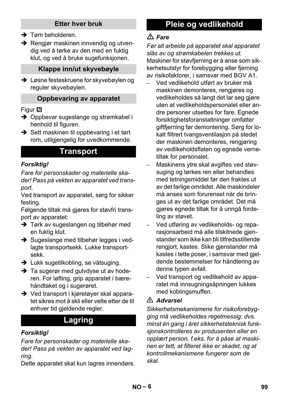 Transport lagring pleie og vedlikehold | Karcher NT 75-1 Tact Me Te H User Manual | Page 99 / 308