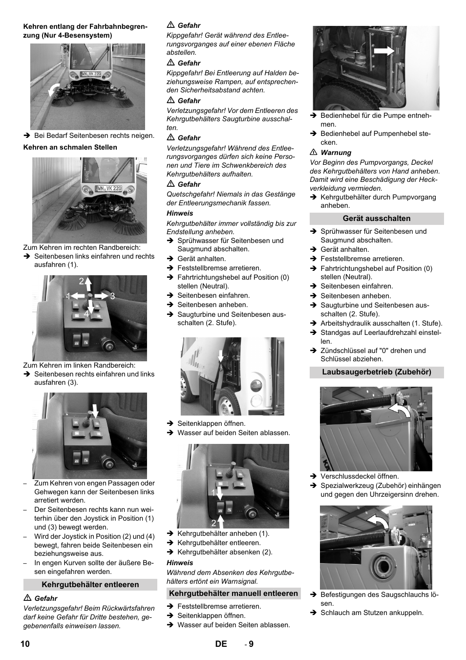 Kehren an schmalen stellen, Kehrgutbehälter entleeren, Kehrgutbehälter manuell entleeren | Gerät ausschalten, Laubsaugerbetrieb (zubehör) | Karcher ICC 2 D ECO 2SB STAGE IIIa User Manual | Page 10 / 328