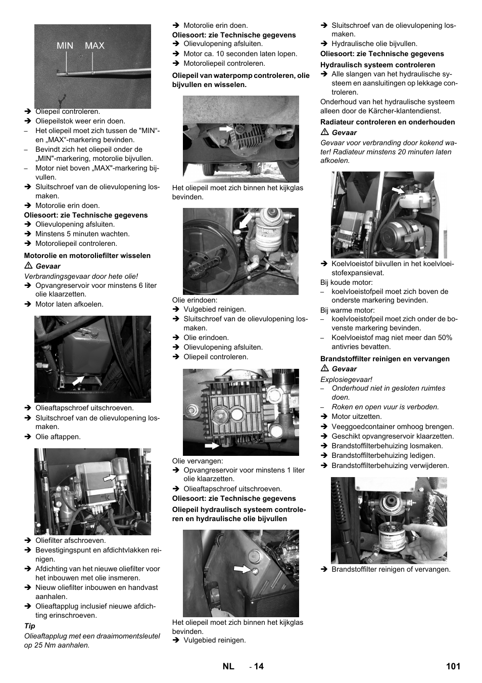 Motorolie en motoroliefilter wisselen, Hydraulisch systeem controleren, Radiateur controleren en onderhouden | Brandstoffilter reinigen en vervangen | Karcher ICC 2 D ECO 2SB STAGE IIIa User Manual | Page 101 / 328