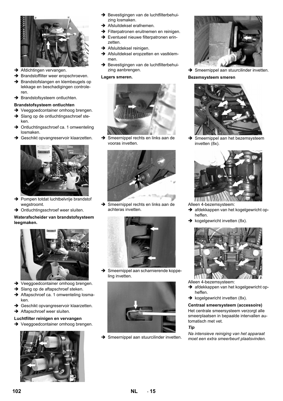 Brandstofsysteem ontluchten, Waterafscheider van brandstofsysteem leegmaken, Luchtfilter reinigen en vervangen | Lagers smeren, Bezemsysteem smeren, Centraal smeersysteem (accessoire) | Karcher ICC 2 D ECO 2SB STAGE IIIa User Manual | Page 102 / 328