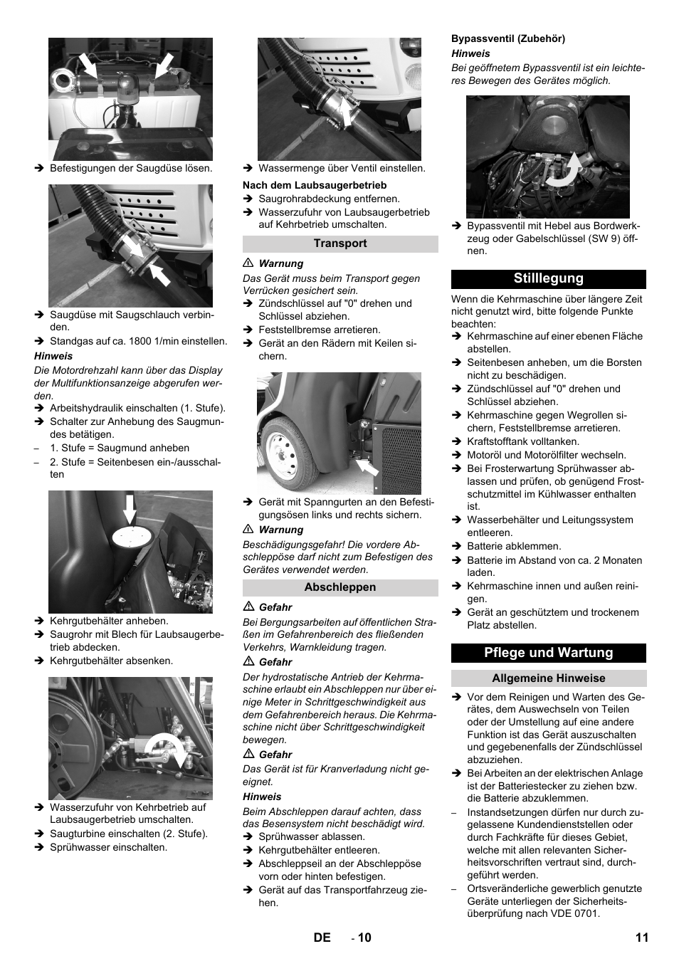 Nach dem laubsaugerbetrieb, Transport, Abschleppen | Bypassventil (zubehör), Stilllegung, Pflege und wartung, Allgemeine hinweise, Stilllegung pflege und wartung | Karcher ICC 2 D ECO 2SB STAGE IIIa User Manual | Page 11 / 328