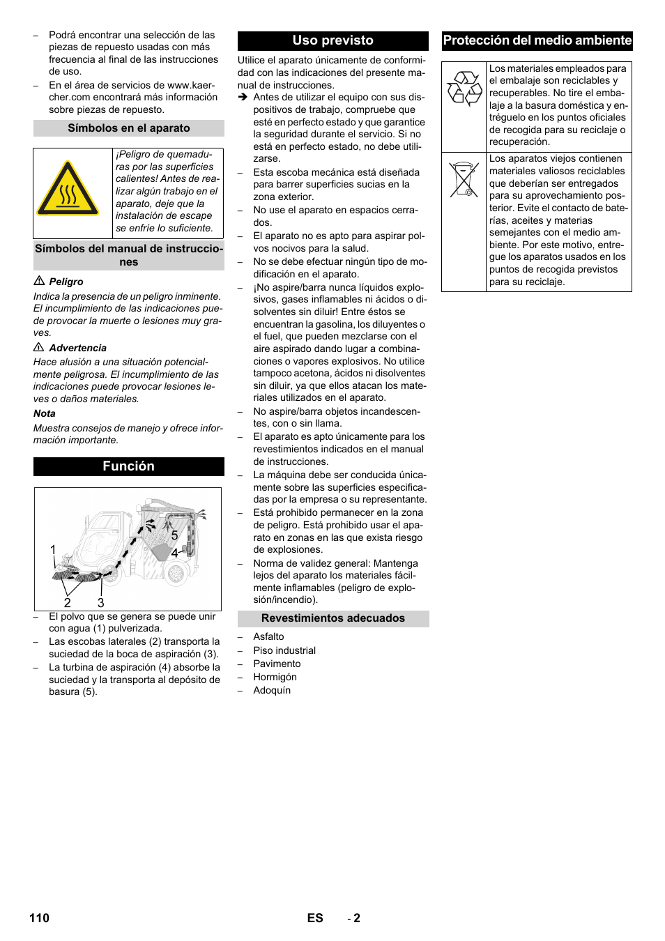 Símbolos en el aparato, Símbolos del manual de instrucciones, Función | Uso previsto, Revestimientos adecuados, Protección del medio ambiente, Función uso previsto | Karcher ICC 2 D ECO 2SB STAGE IIIa User Manual | Page 110 / 328