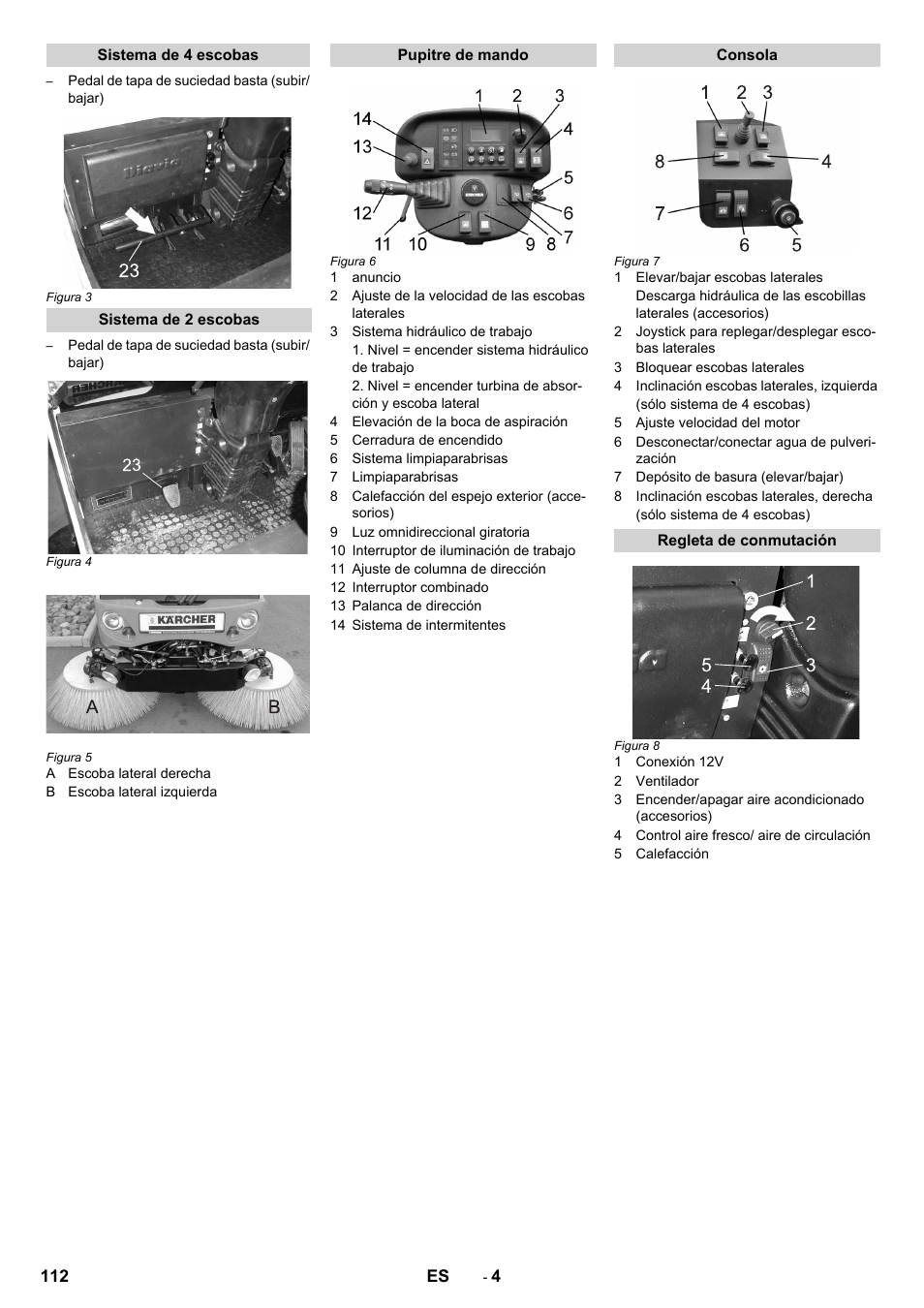 Sistema de 4 escobas, Sistema de 2 escobas, Pupitre de mando | Consola, Regleta de conmutación | Karcher ICC 2 D ECO 2SB STAGE IIIa User Manual | Page 112 / 328