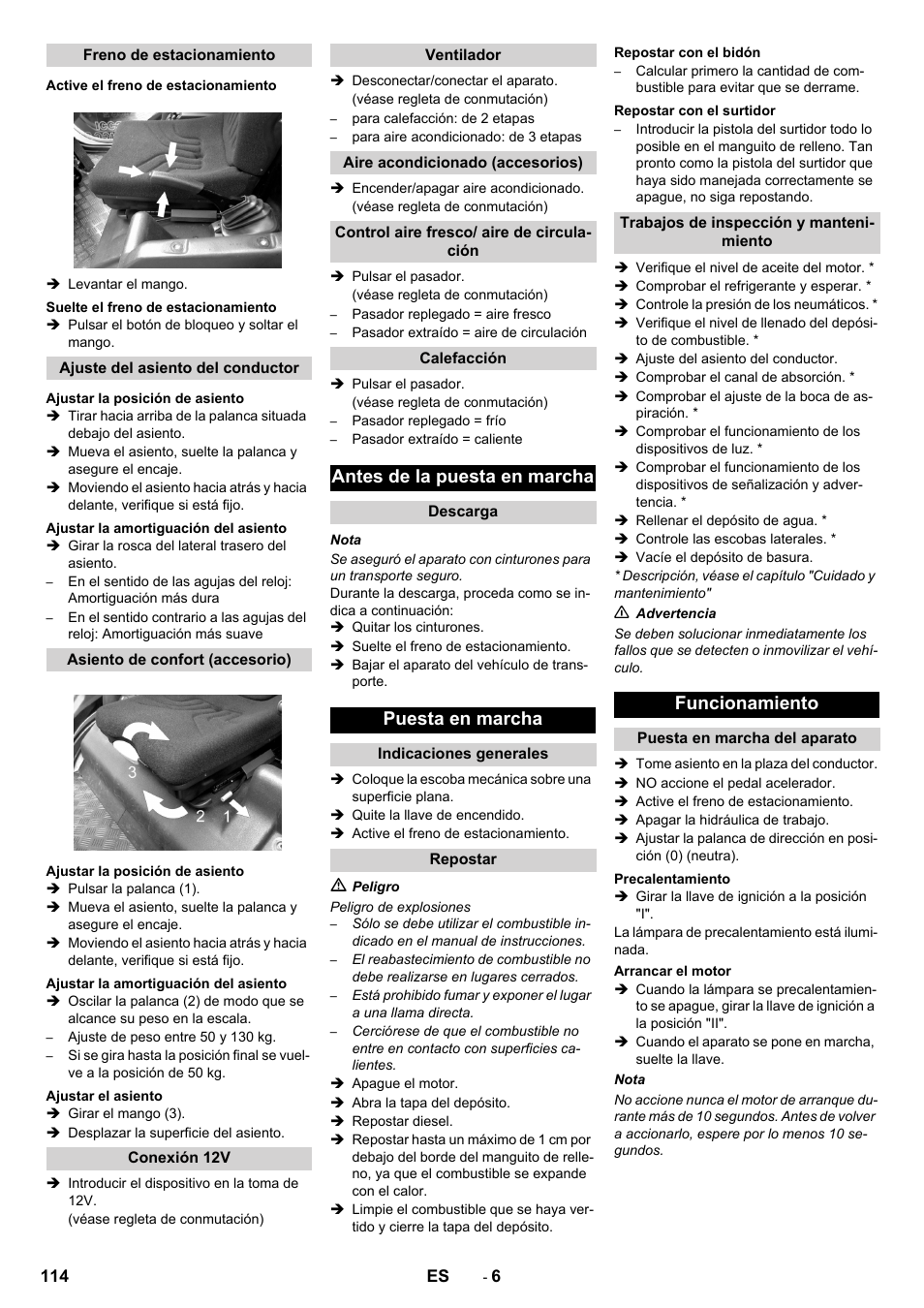 Freno de estacionamiento, Active el freno de estacionamiento, Suelte el freno de estacionamiento | Ajuste del asiento del conductor, Ajustar la posición de asiento, Ajustar la amortiguación del asiento, Asiento de confort (accesorio), Ajustar el asiento, Conexión 12v, Ventilador | Karcher ICC 2 D ECO 2SB STAGE IIIa User Manual | Page 114 / 328