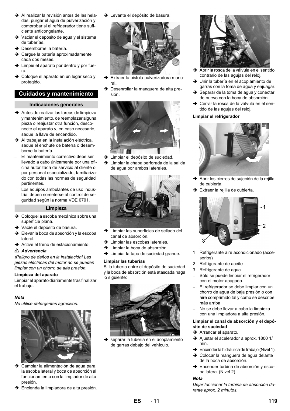 Cuidados y mantenimiento, Indicaciones generales, Limpieza | Limpieza del aparato, Limpiar las tuberías, Limpiar el refrigerador | Karcher ICC 2 D ECO 2SB STAGE IIIa User Manual | Page 119 / 328